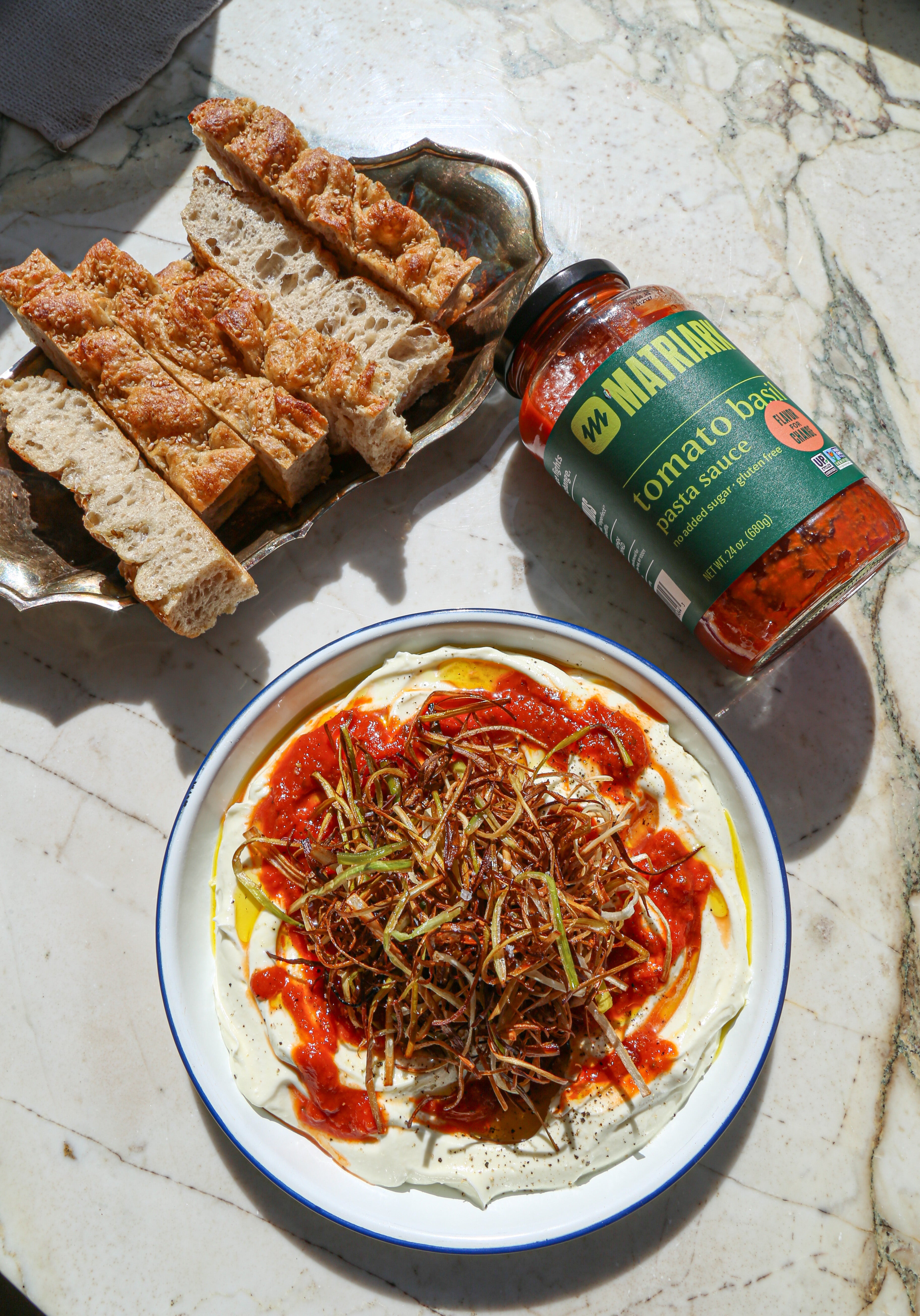 Whipped Ricotta Dip with Tomato Sauce and Frizzled Leeks