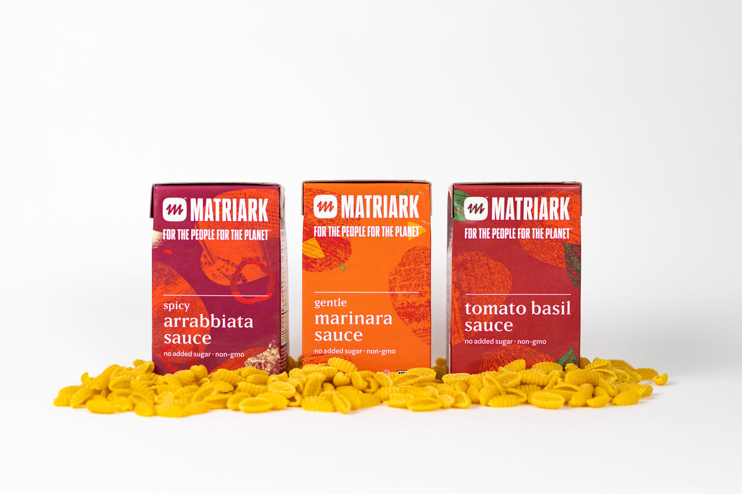 Matriark Pasta Sauces on a bed of dry pasta