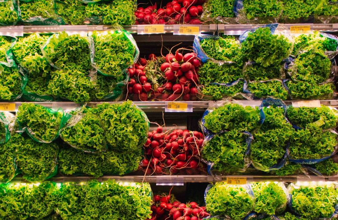 Lettuce and Radishes lined up on shelf in a produce department of a grocery store