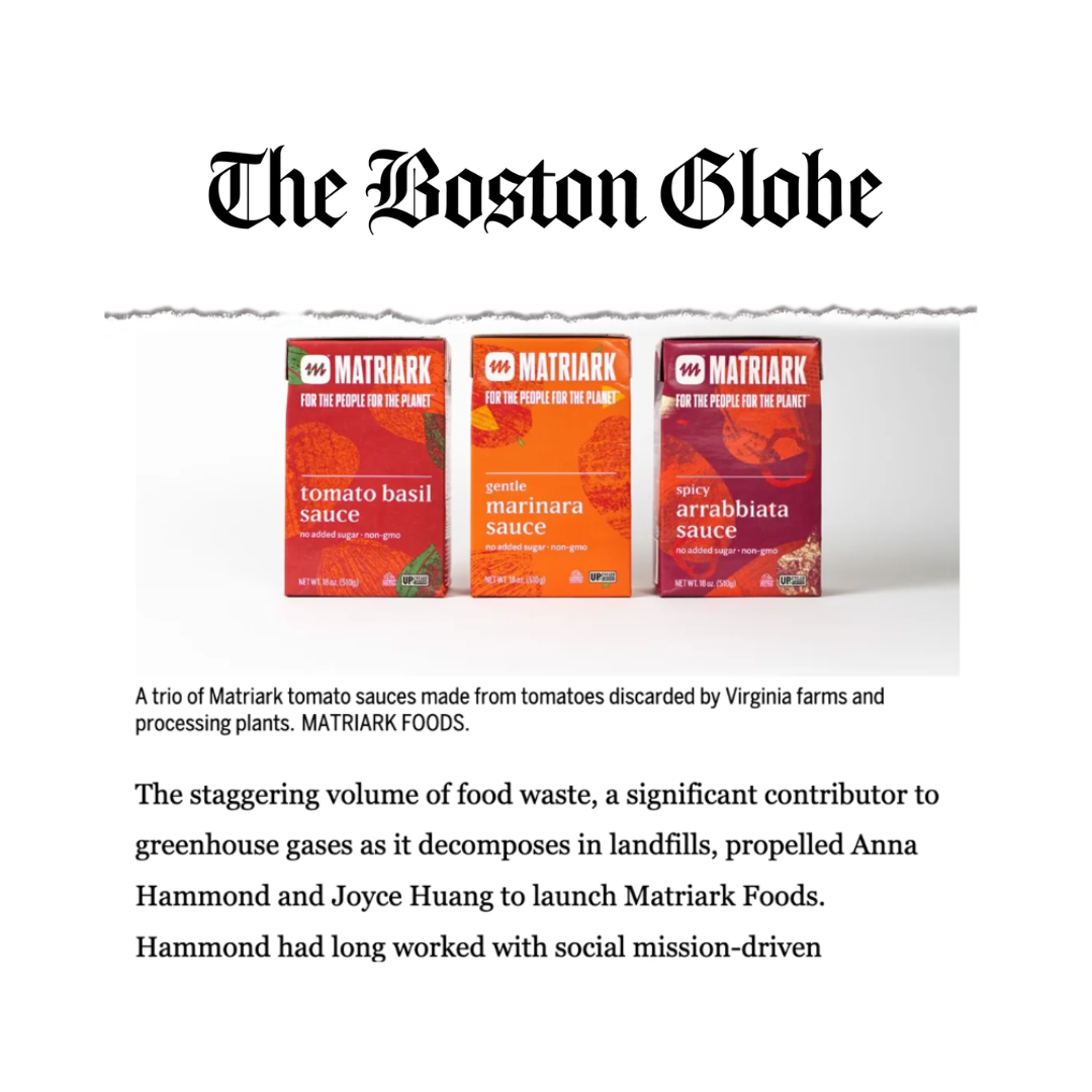 The Boston Globe logo with a photo of Matriark Pasta Sauces