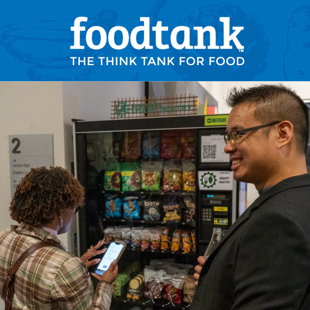 Food Tank logo with a photo of the Smart Fridge at Hunter College