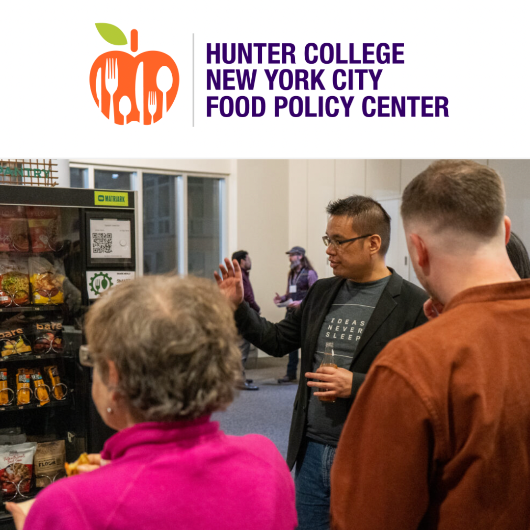 Hunter College New York City Food Policy Center logo with a photo of the Smart Fridge