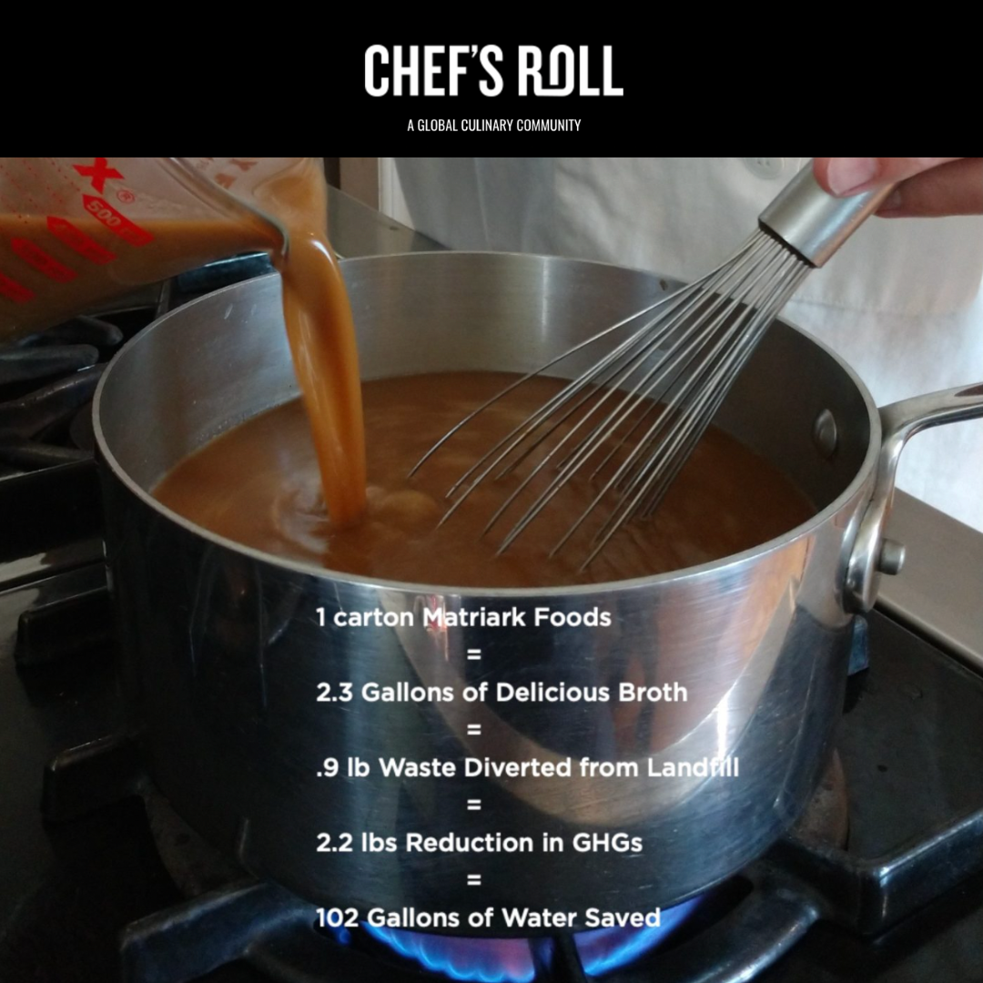 Chef's Roll logo with a photo of vegetable broth being poured into a pot on the stove