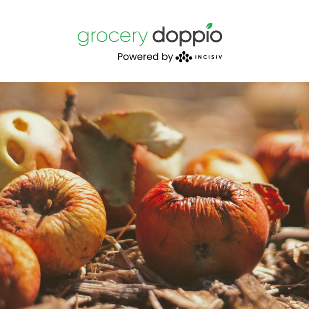 Grocery Doppio logo with a photo of decomposing apples