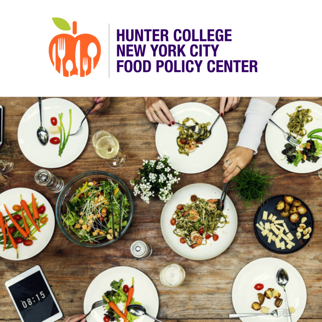 Hunter College New York City Food Policy Center logo with an overhead photo of a tablespread