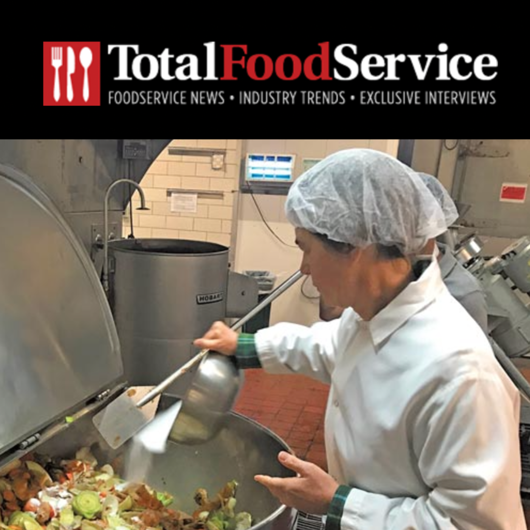 Total Food Service logo with a photo of Anna Hammond stirring vegetable scraps in a kettle