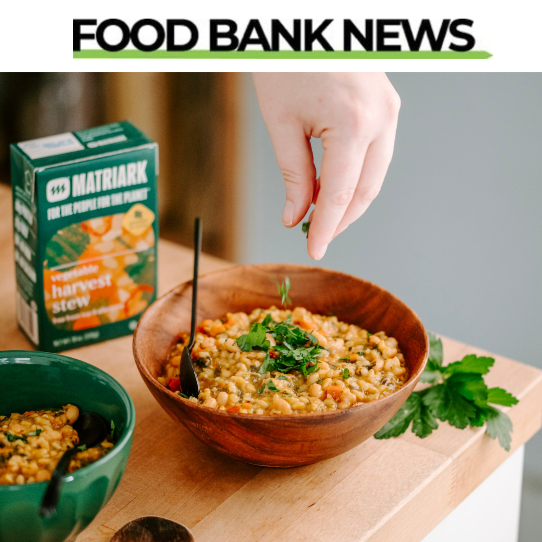 Food Bank News logo with a photo of Matriark Vegetable Harvest Stew in a bowl being garnished with herbs