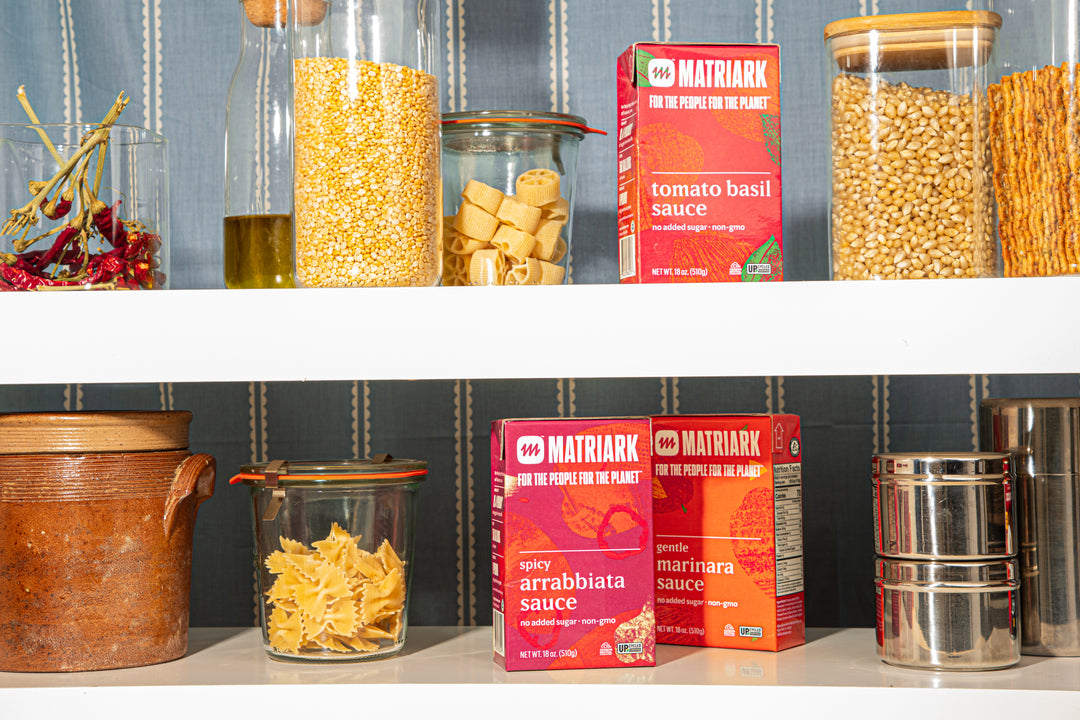 Matriark Pasta Sauces on a shelf with other dry goods